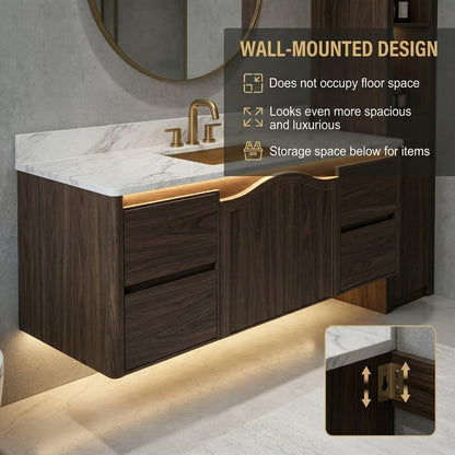 36”-58”Floating Walnut Bathroom Vanity with Marble Top & LED Round Mirror