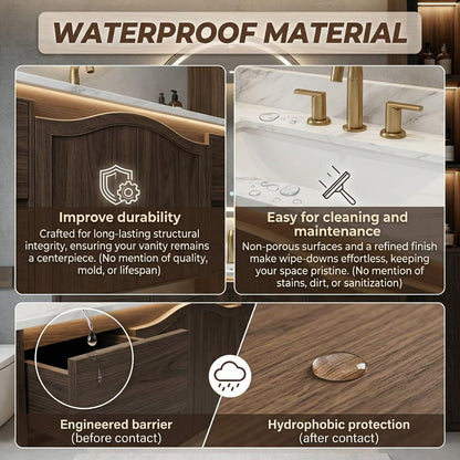 36”-58”Floating Walnut Bathroom Vanity with Marble Top & LED Round Mirror