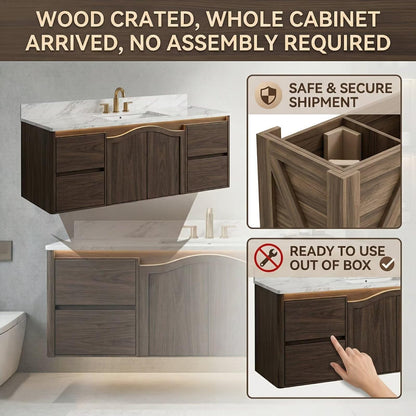 36”-58”Floating Walnut Bathroom Vanity with Marble Top & LED Round Mirror