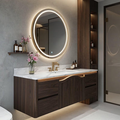 36”-58”Floating Walnut Bathroom Vanity with Marble Top & LED Round Mirror