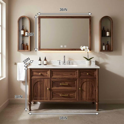 36"-64"Walnut Single Bathroom Vanity with Marble Countertop & LED Backlit Mirror