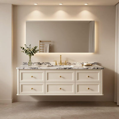 36"-64"Wall-Mounted White Bathroom Vanity with Marble Countertop & Gold Hardware