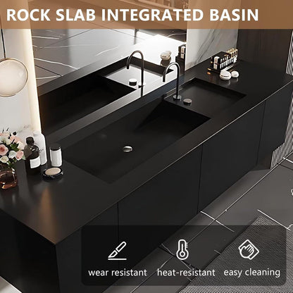 40” - 64” Black Bathroom Vanity with LED Smart Defog Mirror and Slate Integrated Basin