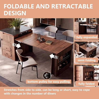 93” Retro Luxury Kitchen Island Includes Folding Table and Exquisite Drawers (No Chair)