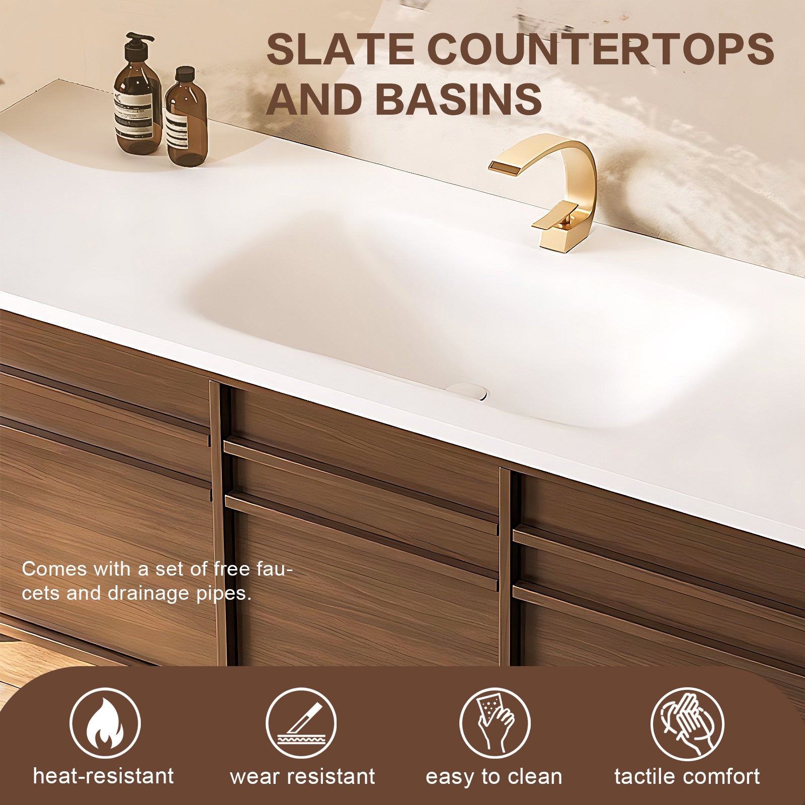 52"-68" Brown bath vanity with big smart mirror cabinet solid wood