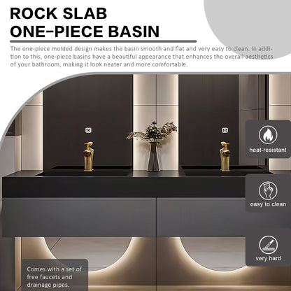 36''-52'' Wall Mount With LED Light And Oval Mirror And Grey Countertop With Single Sink