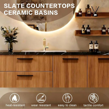 48” - 68” Wood Grain Bathroom Vanity with Round Smart Anti-Fog Mirror