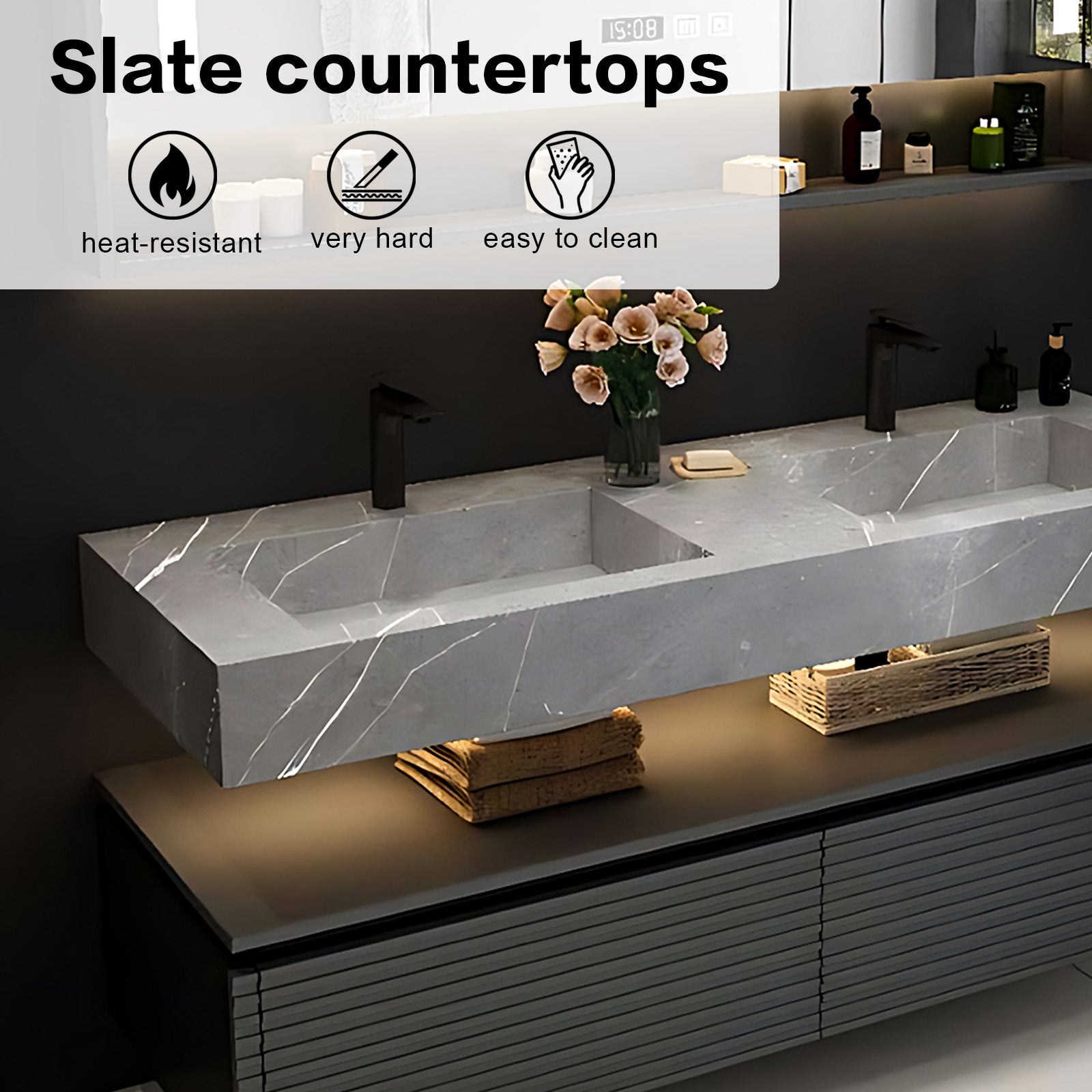 52"- 78"  Open Storage Floating Double Sink And Faucet With LED Smart Mirror