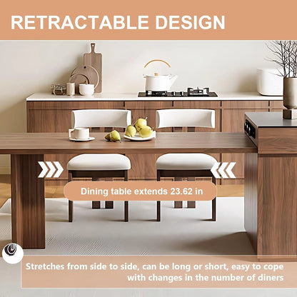 61” - 81” Brown Elegant Kitchen Island with Pull-Out Cabinet&Dining Table (No Chair)