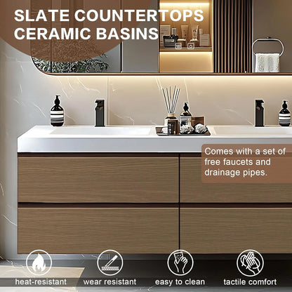 60” - 78” Fashion Simple Bathroom Vanity Includes Wood Grain Cabinet & Round Sink