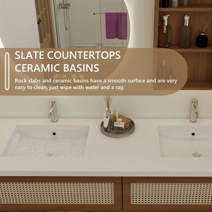 60” - 78” Japanese Simple Bathroom Vanity Includes Open Storage Rack & Hidden Handle