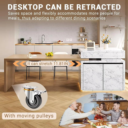 94” - 102” Modern Unique Kitchen Island with Storage Space and Wheels (No Chair)