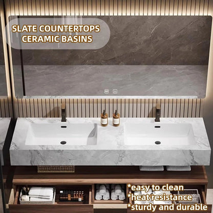 60” - 78” Modern Wood Bathroom Vanity with White Textured Rock Countertop