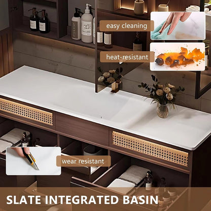 48” – 64” Unique Practical Bathroom Vanity with Double Sink and Glass Open Shelves