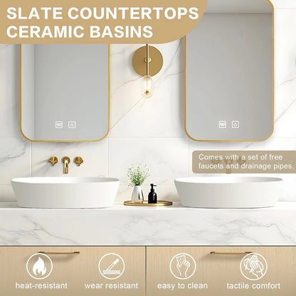 60” - 84” Elegant Exquisite Bathroom Vanity Includes Beige Symmetrical Cabinets