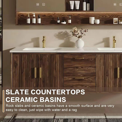 60” - 84” Luxury Floating Bathroom Vanity Includes Vertical Grain Cabinet