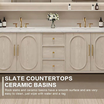 68” - 84” French Bathroom Vanity Includes Beige Wood Grain & Curved Ornamentation