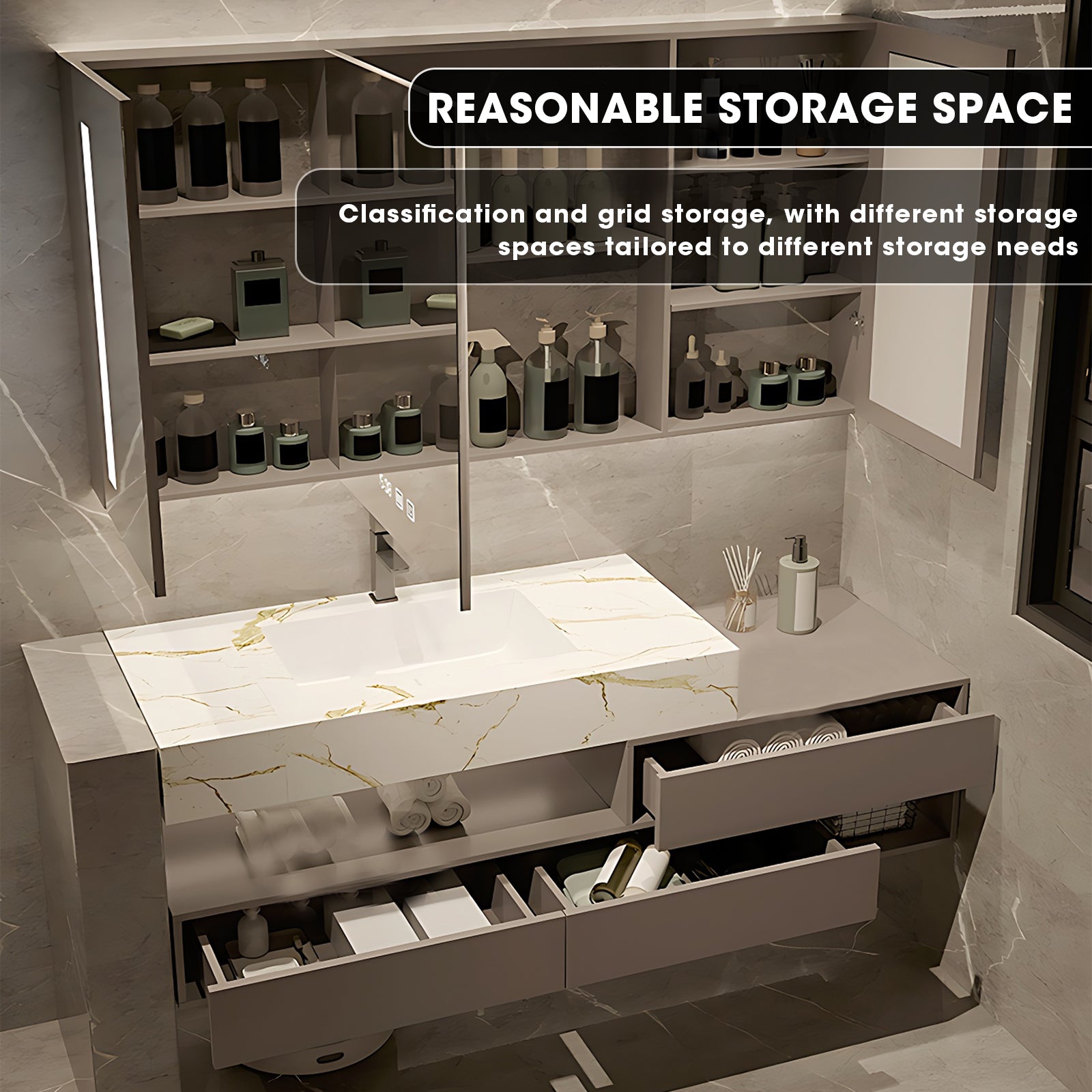 48"- 72" Solid Wood Single Sink Wall Mounted Bath Vanity Set with Defogging Mirror