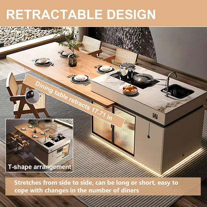 91” Modern Luxury Kitchen Island Includes Integrated Slate Sink for 2-8 Person (No Chair)