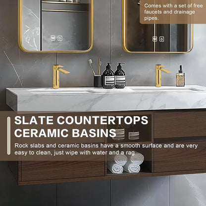 60” - 78” Brown Elegant Bathroom Vanity with Double Sinks Includes Symmetrical Drawer