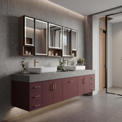 76''-110'' Floating Bathroom Vanity with Double Sink Includes Red Matte Cabinet
