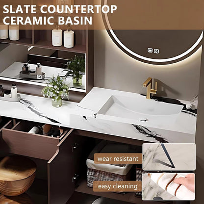 64” - 84” Brown Bathroom Vanity with Side Cabinet with Open Shelves