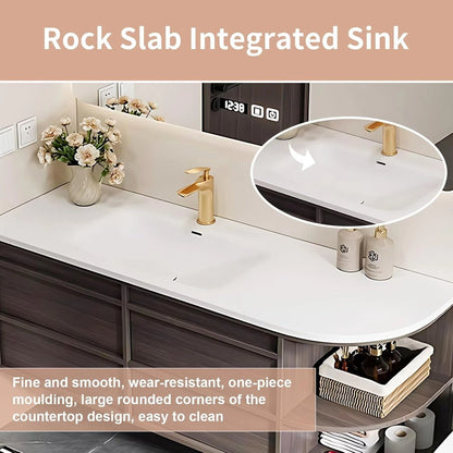 40” - 60” Brown Wood Bathroom Vanity with Open Storage Rack & Integrated Basin