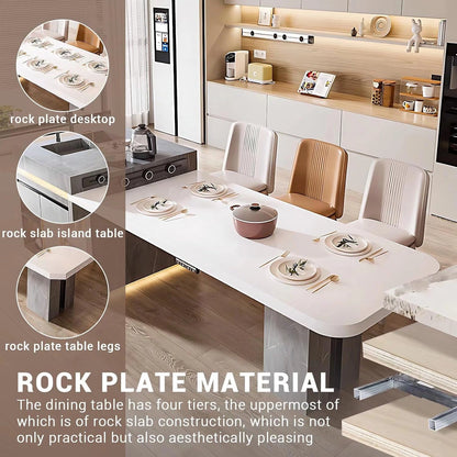 94” - 109” Unique White Kitchen Island Includes Metal Frame Visual Storage (No Chair)