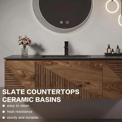 44” - 64” Unique Luxury Bathroom Vanity Includes Horizontal Stripe Wood Cabinet