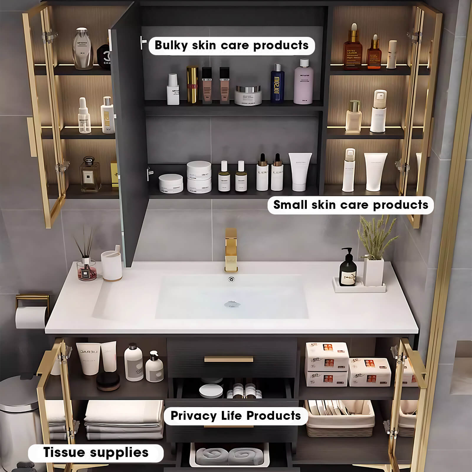 36"- 48" Bathroom Vanity with Glass Cabinet Doors and Multi-Layered Solid Wood Cabinets