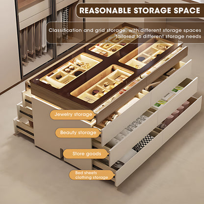 Modern Wardrobe Island Cabinet with Visible Tempered Glass Top - High-End, Large Capacity, Sectional Storage with LED Light and Jewelry Display