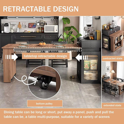 81” Retro Practical Kitchen Island with Striped Glass Cabinet Door (No Chair)