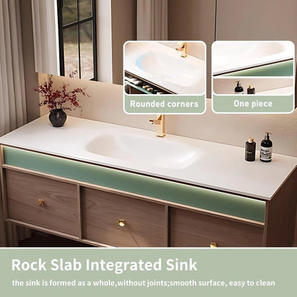 40” - 64” Spacious Natural Bathroom Vanity with Smart Light Strips & Mirror Cabinet