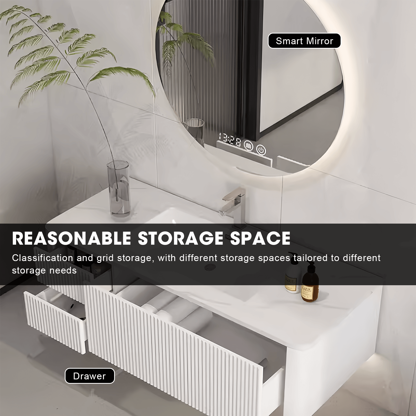 40"- 60" White Bathroom Cabinets Set with Lighted Round Mirror Cabinet and Single Basin