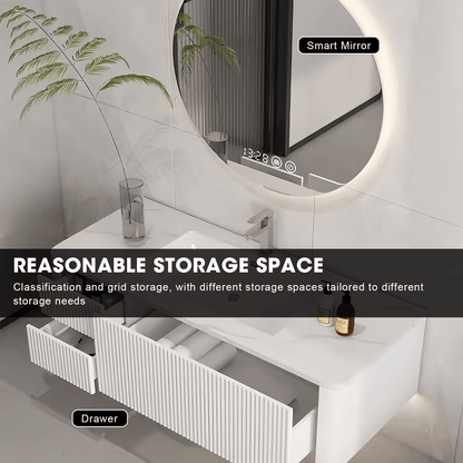 40"- 60" White Bathroom Cabinets Set with Lighted Round Mirror Cabinet and Single Basin