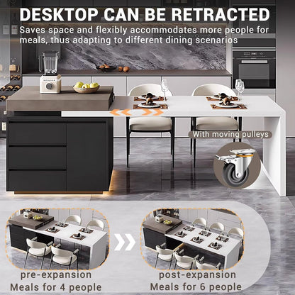 87” - 102” Simple Modern Kitchen Island with Atmosphere Lights & Storage (No Chair)