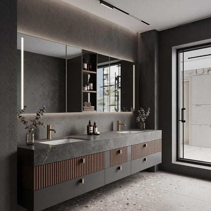 52''-110'' Floating Bathroom Vanity with Sinks Inlcudes Drawer Storage,Gray Sintered Stone Top