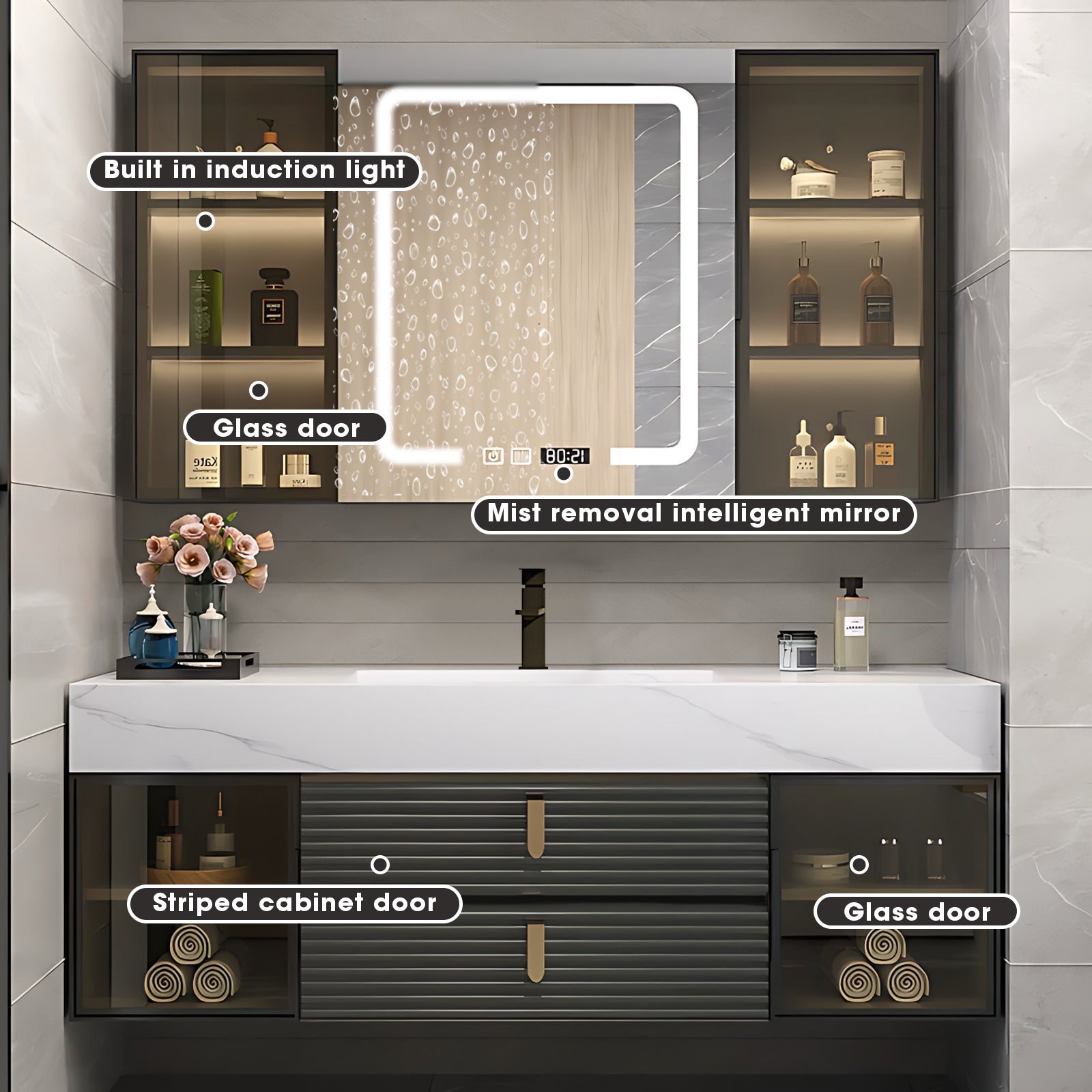 40"- 56" Floating Bath Cabinet Set with Mirror Cabinet and Sink