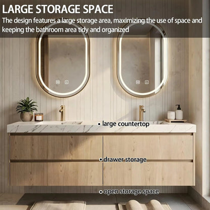 60” - 84” Floating Farmhouse Bathroom Vanity with Oval LED Anti-Fog Mirror