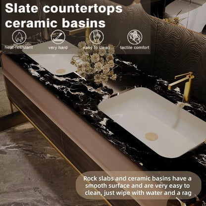 60” - 78” Classic Luxury Bathroom Vanity with Rock Slabs Texture Countertop