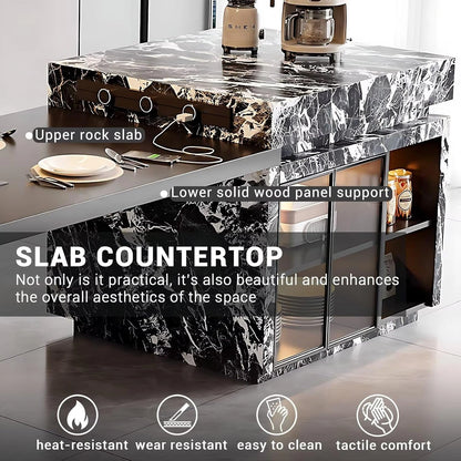 94” - 109” Minimalist Kitchen Island Includes Black&White Patterned Design (No Chair)