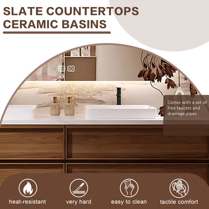 56"- 78" Floating Double Ceramic Sink With Led Lighting Smart Mirror