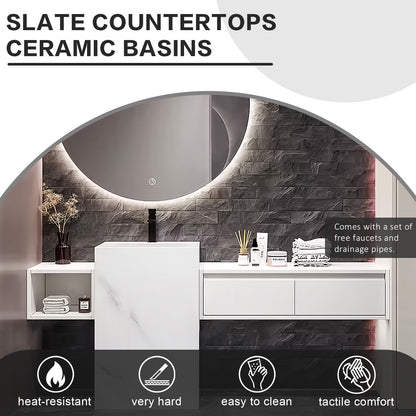 56"- 72" Freestanding Single Ceramic Sink With Round Smart Led Mirror