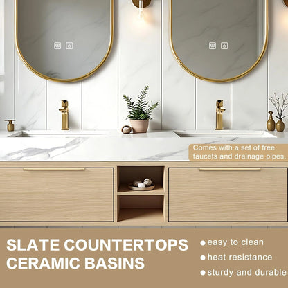 76” - 96” Cozy Elegant Bathroom Vanity with LED Smart Defogging Mirror & Open Storage Rack