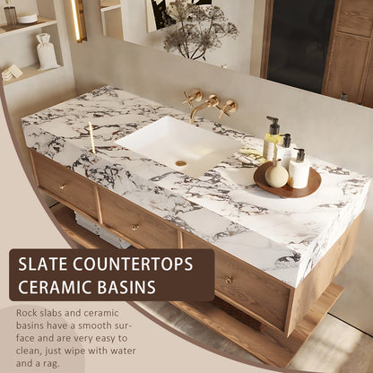 40‘’-60‘’ Wall-Mounted Single Sink Bathroom Vanity with Slate Countertop and Three Drawers (Lamp not included）