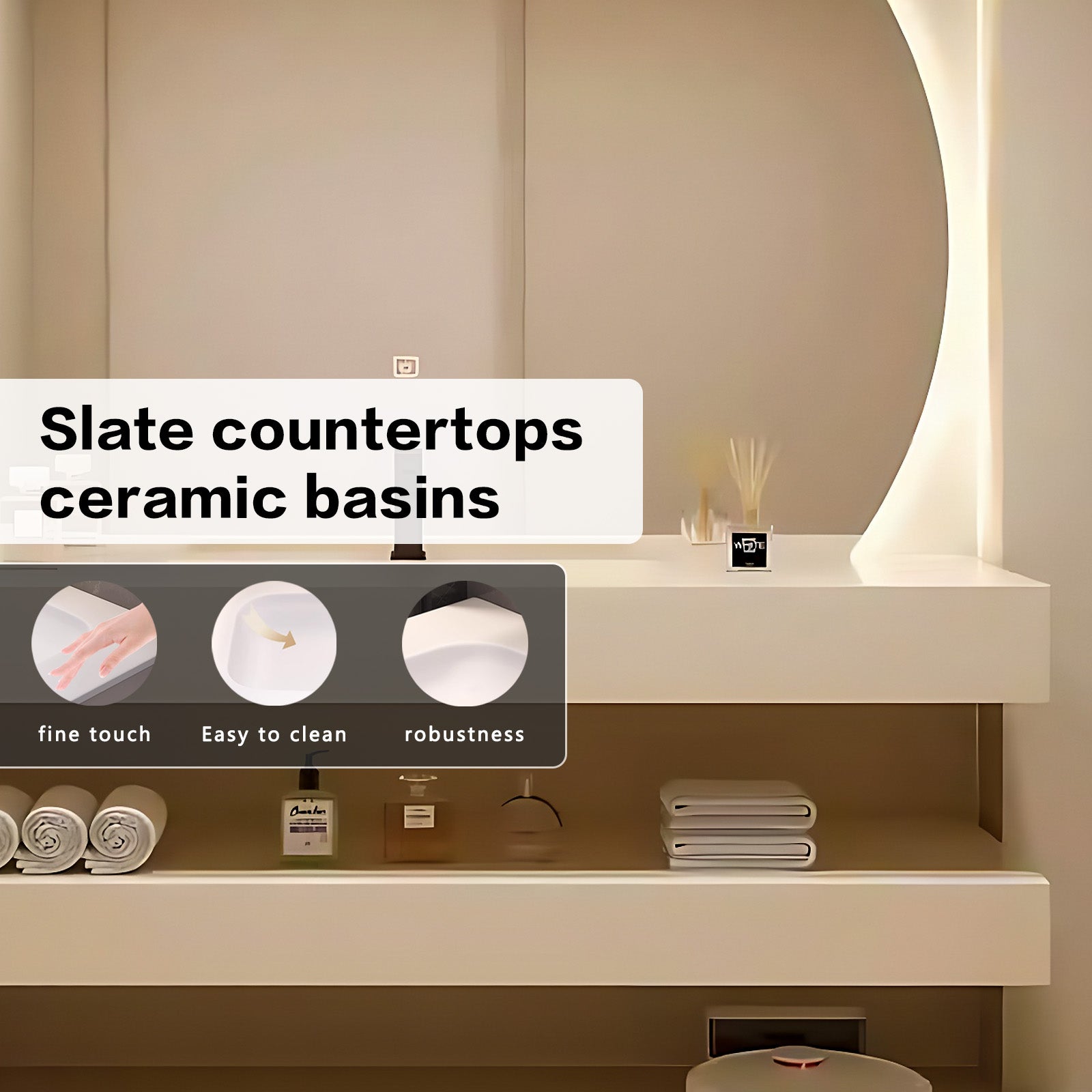 40"- 64" Wall Mounted And Ceramic basins Open Storage With Round LED Light Mirror
