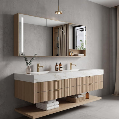52''-110'' Wall Mounted Modern Double Sink Bathroom Vanity with Mirror Storage and Under-Cabinet Shelf
