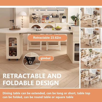 75” White Simple Kitchen Island Includes Foldable Irregular Tabletop (No Chair)