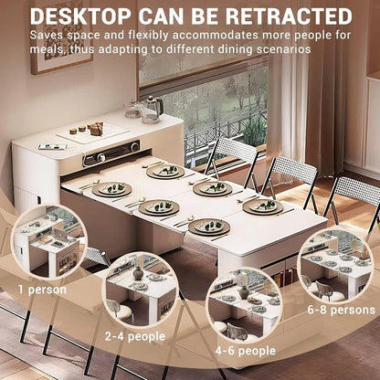 White Minimalist Kitchen Island with Foldable Cabinets & Visual Storage (6 Chairs)