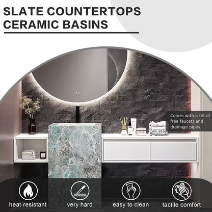 56"- 72" Freestanding Single Ceramic Sink With Round Smart Led Mirror